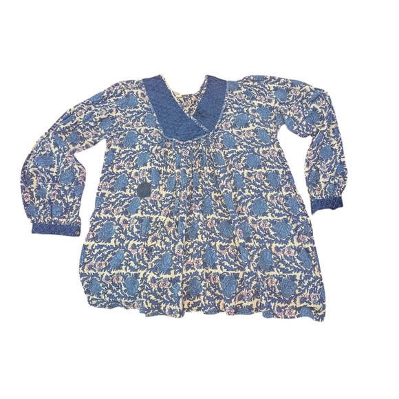 Vintage 70's Indian Gauze Top Boho Hippie ‎Quilted Neckline Prairie Block Print - Picture 9 of 9